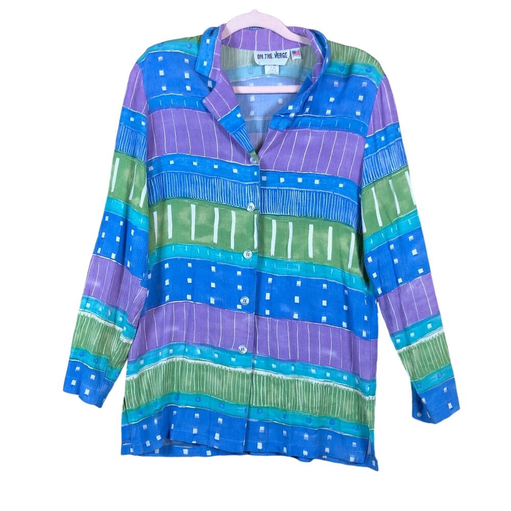 Vintage On The Verge Womens Blouse Multicolor Button Down Abstract Striped M